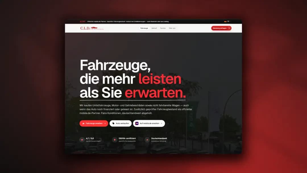 Carline-CLD-Startseite mit schwarz-rotem Design, Fahrzeughandel und Schaltflächen für Autoankauf und Fahrzeugbestand.