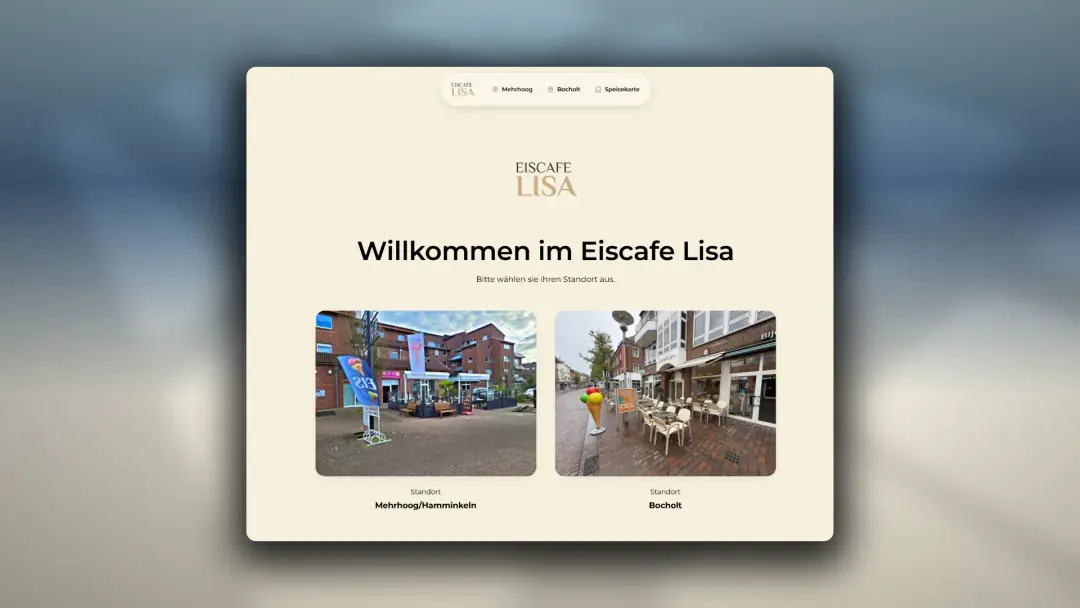 Cremefarbene Startseite des Eiscafés Lisa mit Fotos der beiden Filialen und direkter Standortauswahl.