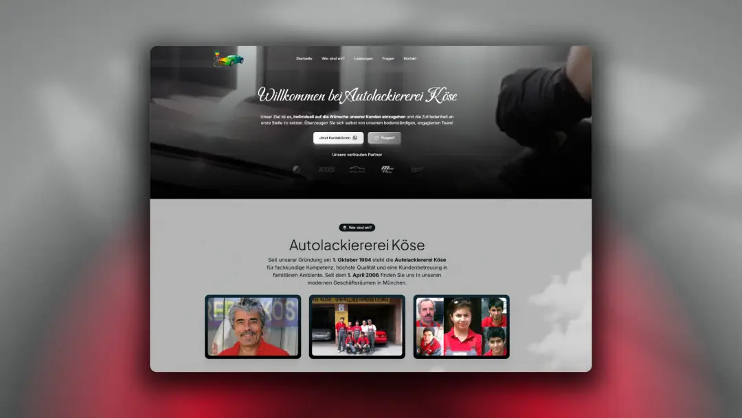 Website der Autolackiererei Köse mit Lackierarbeiten im Titelbild und Fotos von Team und Betrieb.
