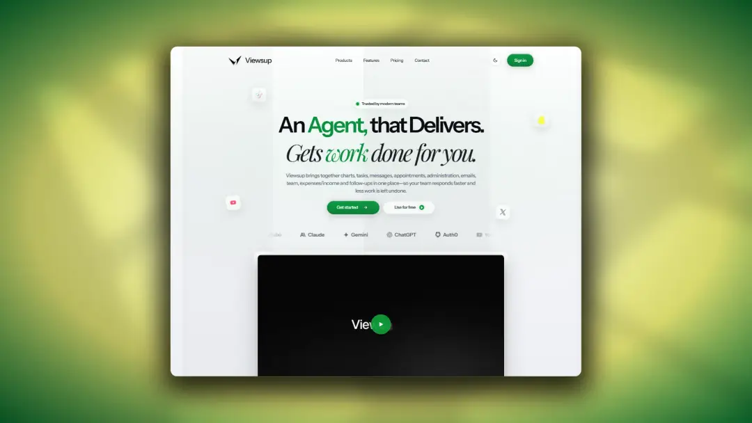 Viewsup-Website für einen KI-Agenten mit heller Oberfläche, grünen Akzenten und Videovorschau.
