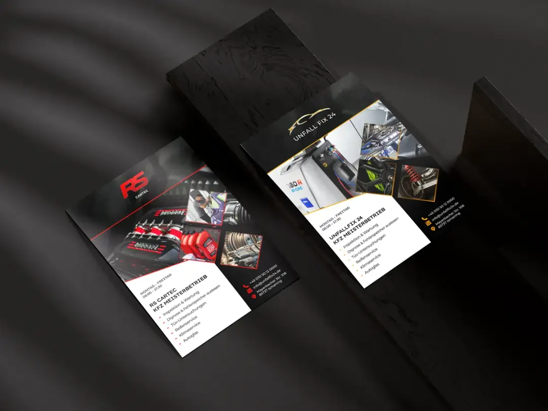 Flyer-Serie für RS CarTec und Unfallfix24 KFZ Meisterbetrieb